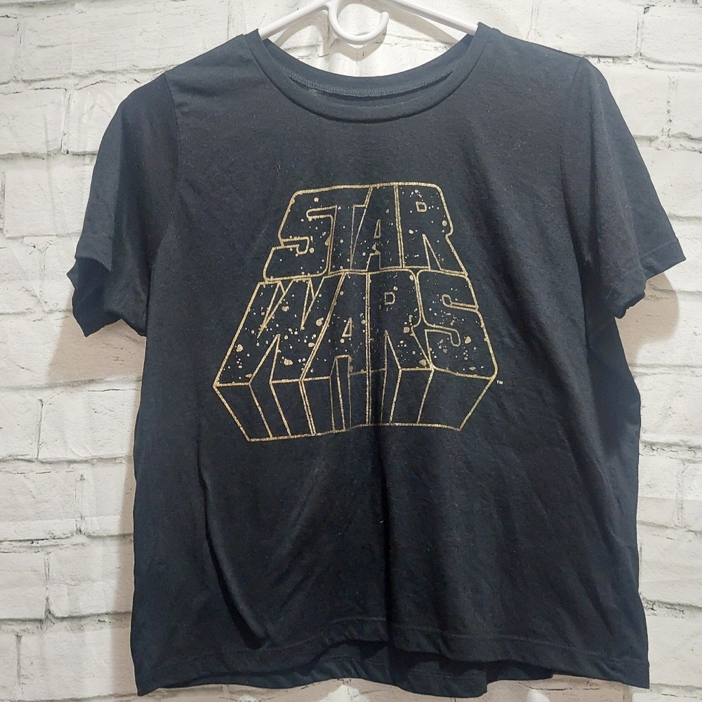 STAR WARS Women's Large Soft Black T-Shirt Gold Graphics COMFY - GUC.